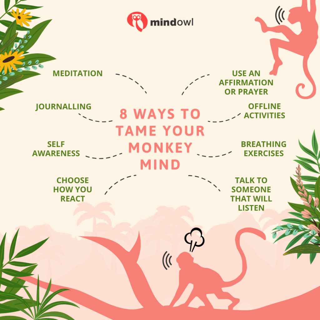 A graphic showing 8 ways to tame your monkey mind